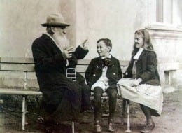 Leo Tolstoy telling fairy tales to his grandchildren, 1909.